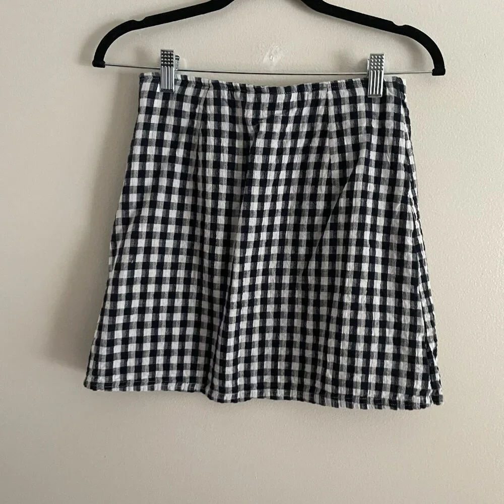 American Eagle Women XS Navy White Gingham Cotton Linen Preppy Casual Mini Skirt